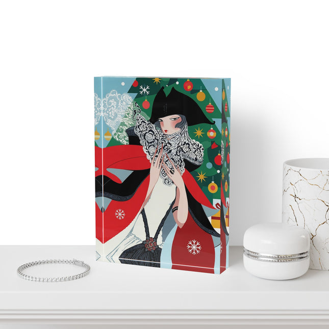 ❤️ The Lady Of The Crimson Scarf Acrylic Art Block – Art Deco Christmas Elegance