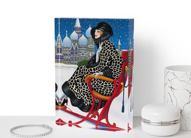 Elegant Winter Woman in Sleigh Acrylic Art Block