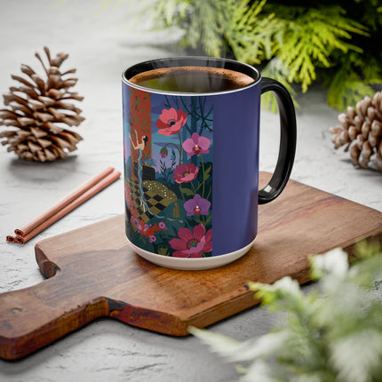 The Lady And The Midnight Birdcage Colorful Mugs – Art Deco Botanical Elegance