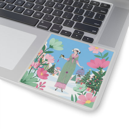 🐦🎄 The Lady Of The Christmas Songbird Kiss-Cut Sticker – Art Deco Holiday Fantasy