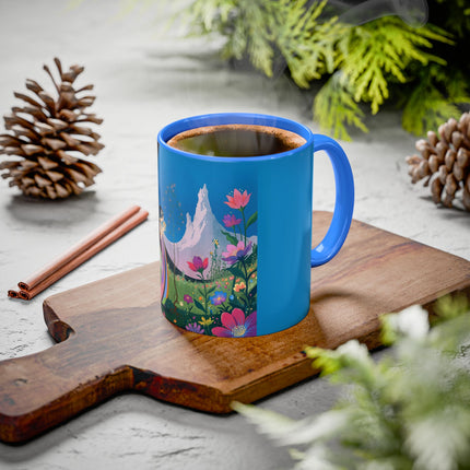 The Lady And The Moonlit Peak Colorful Mugs – Art Deco Alpine Garden Elegance