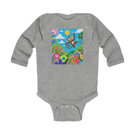 Playful Young Monkey Baby Long Sleeve Bodysuit – Whimsical Jungle Adventure Design