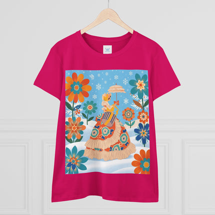 🌼❄️ The Winter Parasol Lady Cotton Tee – Art Deco Floral Fantasy