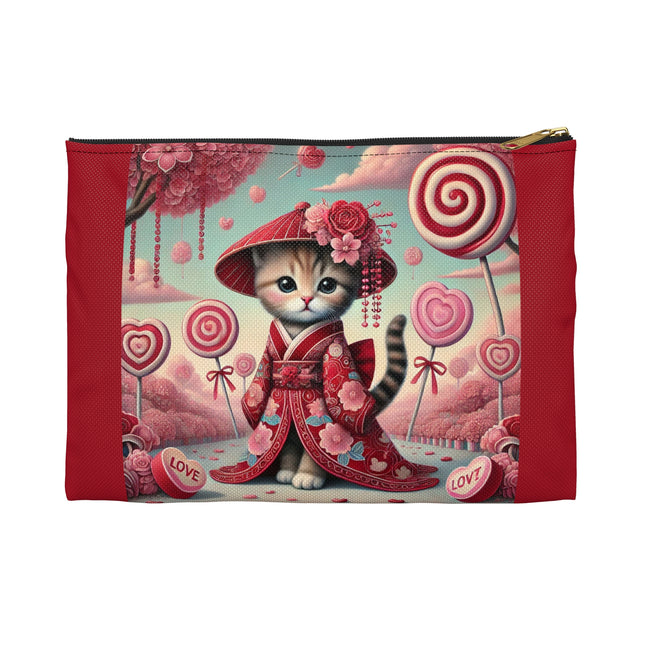 Whimsical Geisha Kitten in a Valentine Garden Accessory Pouch