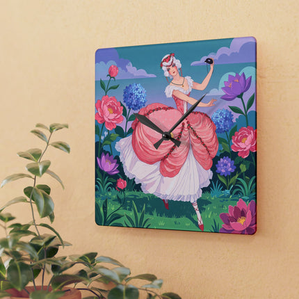 🌸🎭 The Rose Garden Masquerade Acrylic Wall Clock – Art Deco Floral Elegance