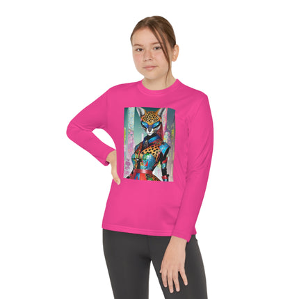 Cyber Cat Glamour Youth Long Sleeve Competitor Tee – Neon Elegance & Futuristic Style