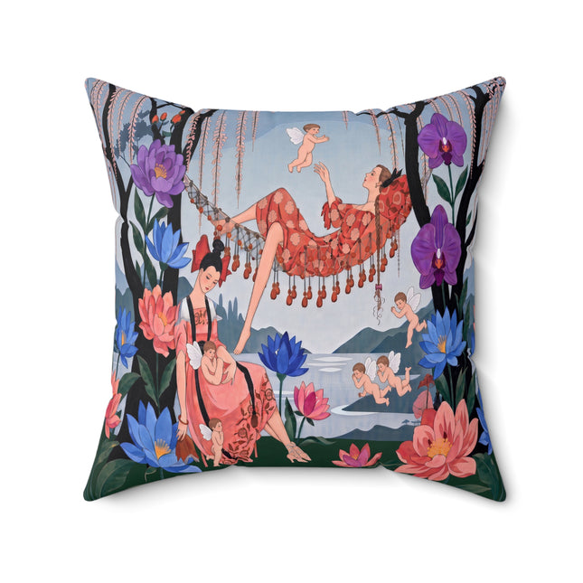 🌸🪽 The Garden Of Little Cupids Square Pillow – Art Deco Floral Fantasy