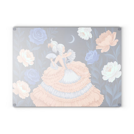 🌙🌹 The Lady Of The Moonlit Blue Rose Garden Glass Cutting Board – Art Deco Floral Elegance