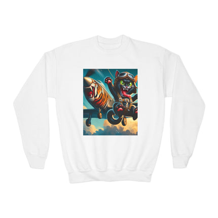 Parachuting Cat Commando Youth Crewneck Sweatshirt – High-Flying Adventure & Bold Fun