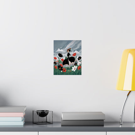🌧️🌺 The Lady Of The Rainy Flower Meadow Matte Vertical Poster – Art Deco Floral Whimsy