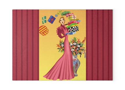 Elegant Holiday Woman with Gifts Glass Cutting Board