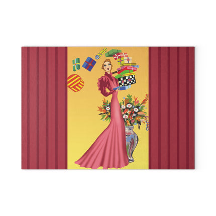 Elegant Holiday Woman with Gifts Glass Cutting Board