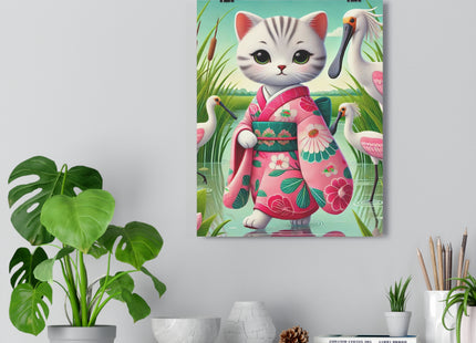Geisha Kitten Strolls Among the Spoonbills Giclée Art Print