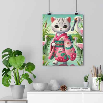 Geisha Kitten Strolls Among the Spoonbills Giclée Art Print