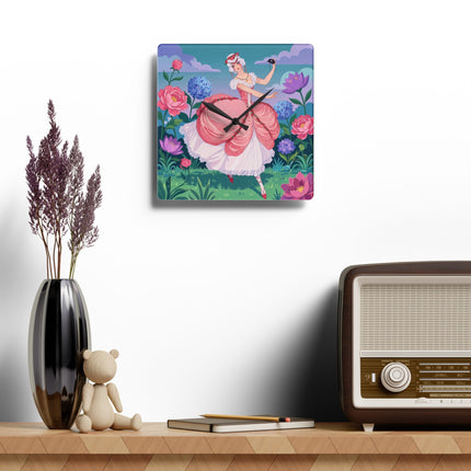 🌸🎭 The Rose Garden Masquerade Acrylic Wall Clock – Art Deco Floral Elegance