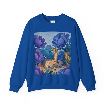 💙🌸 The Lady Among The Blue Blossoms Crewneck Sweatshirt – Art Deco Floral Reverie