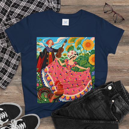 🎻🐓 The Garden Serenade Cotton Tee – Art Deco Folk Whimsy