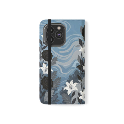 🖤🤍 The Lady Of The Black Rose Garden Flip Case – Art Deco Floral Elegance