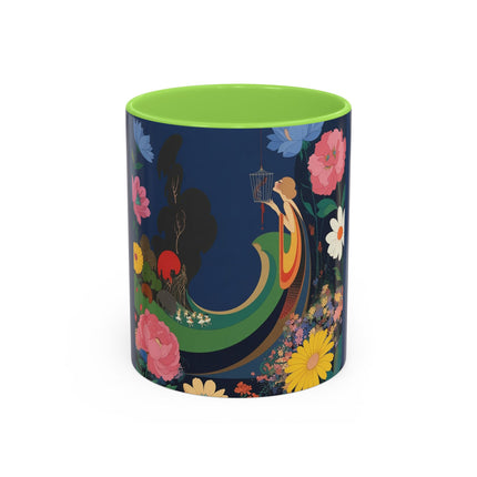The Lady And The Crimson Moonbird Colorful Mugs – Art Deco Whimsical Garden Elegance