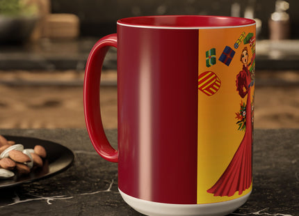 Elegant Holiday Woman with Gifts Colorful Mugs (11oz, 15oz)