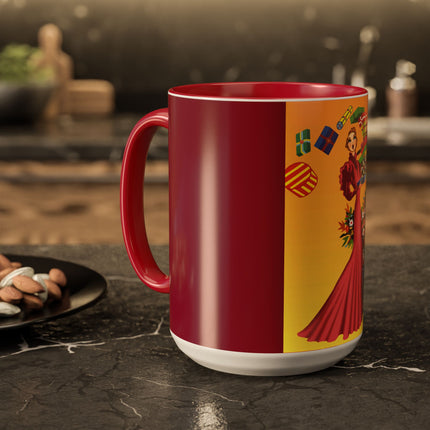 Elegant Holiday Woman with Gifts Colorful Mugs (11oz, 15oz)