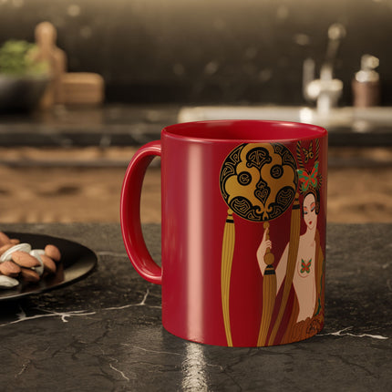 Butterfly Empress of the Crimson Pavilion Colorful Mug (11oz, 15oz) – Art Deco Beauty, Butterfly Elegance & Ornamental Style