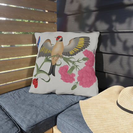 Goldfinch & Pink Flowers Outdoor Pillows – Vibrant Spring & Delicate Beauty