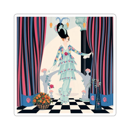 🌹🎭 The Lady Between The Curtains Kiss-Cut Stickers – Art Deco Floral Theatre