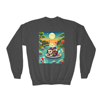 Melodic Kitten by the Koi Pond Youth Crewneck Sweatshirt – Harmony, Joy & Whimsical Charm