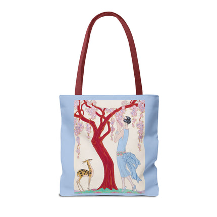 Woman, Fawn, and Red Tree by George Barbier Tote Bag (AOP)