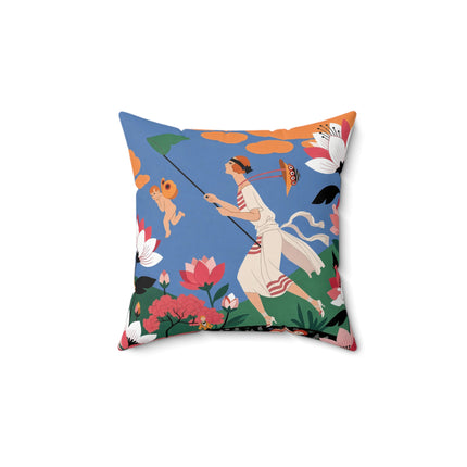 🪁🌺 The Lady Of The Flying Garden Square Pillow – Art Deco Floral Fantasy