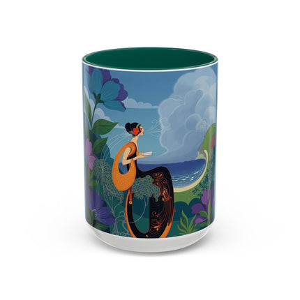 The Lady And The Sea Breeze Colorful Mugs – Art Deco Coastal Serenity