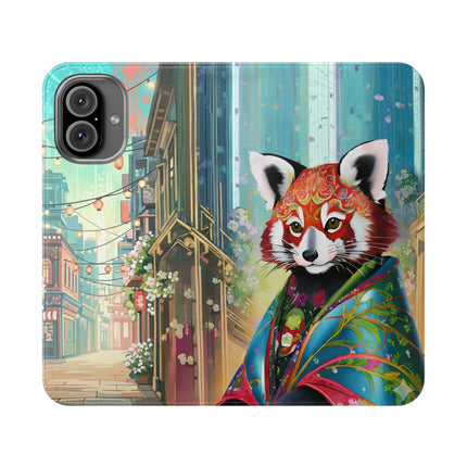 🦝✨ Cybernetic Red Panda Flip Case – Neon Charm & Futuristic Wonder