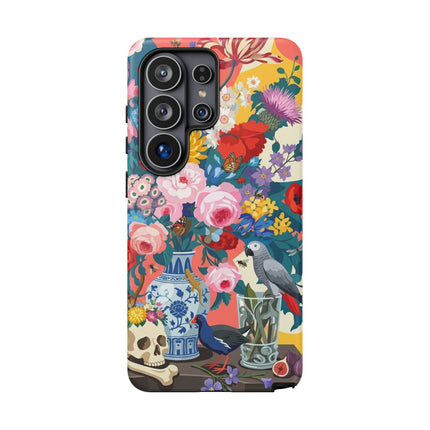 Floral Vanitas Phone Case – Parrot & Porcelain Splendor