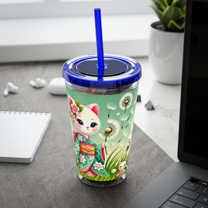 Geisha Kitten and the Dandelion Wish Sunsplash Tumbler with Straw, 16oz