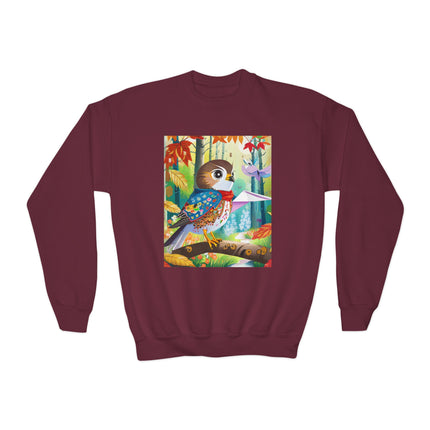 Baby Hawk Plays in Forest Youth Crewneck Sweatshirt – Woodland Wonder & Playful Discovery