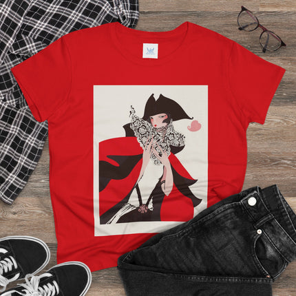 Crimson Masquerade Women's Midweight Cotton Tee – Dramatic Elegance & Art Deco Mystery