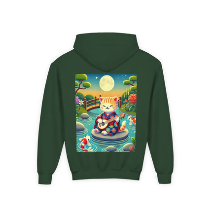 Melodic Kitten by the Koi Pond Youth Hooded Sweatshirt – Peaceful Harmony & Playful Music
