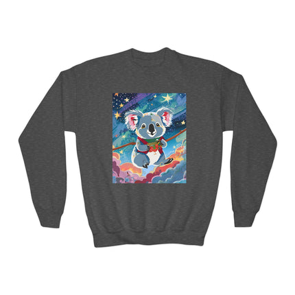 Cute Koala Youth Crewneck Sweatshirt – Dreamy Sky Adventure & Whimsical Wonder