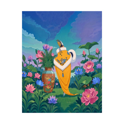 🪷✨ The Lady Of The Golden Lotus Stroll Matte Vertical Poster – Art Deco Floral Elegance