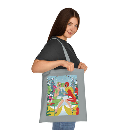 🎄☕ Christmas Tea In The Snow Garden Cotton Tote Bag – Art Deco Holiday Friendship