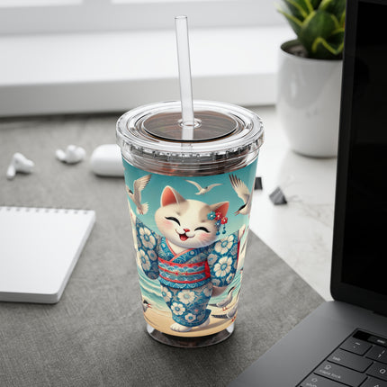 Geisha Kitten by the Seaside Sunsplash Tumbler with Straw, 16oz