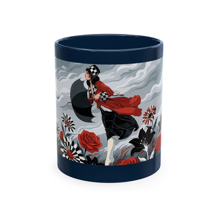 ☂️🌹 The Lady In The Windy Rose Garden Ceramic Mug – Art Deco Fashion Whimsy