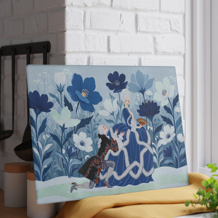 💙❄️ The Winter Courtship Glass Cutting Board – Art Deco Floral Romance