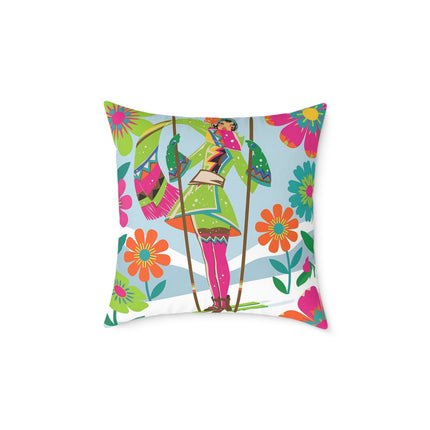 🌸⛷️ The Winter Flower Adventurer Square Pillow – Colorful Winter Ski Fantasy