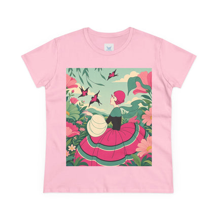 🐦🌺 The Garden Of Flying Birds Cotton Tee – Art Deco Floral Whimsy