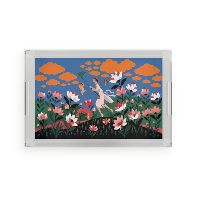 🪁🌺 The Lady Of The Flying Garden Acrylic Serving Tray – Art Deco Floral Fantasy