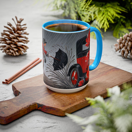 ☔🌹 The Scarlet Rainstorm Promenade Colorful Mug – Art Deco Motoring Elegance