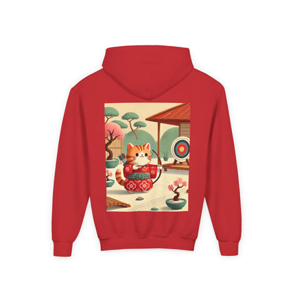 Archer Kitten in the Zen Garden Youth Hooded Sweatshirt – Calm Focus & Playful Strength