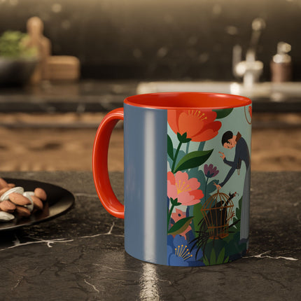 The Lady And The Mysterious Bird Colorful Mugs – Art Deco Botanical Mystery